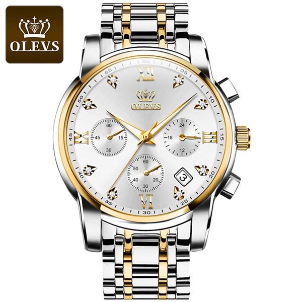 Olevs 2858 Stainless Steel Watch For Men Golden Silver and White