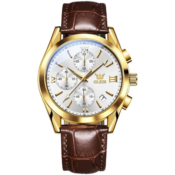 OLEVS 2872 Leather Watch For Men Golden White