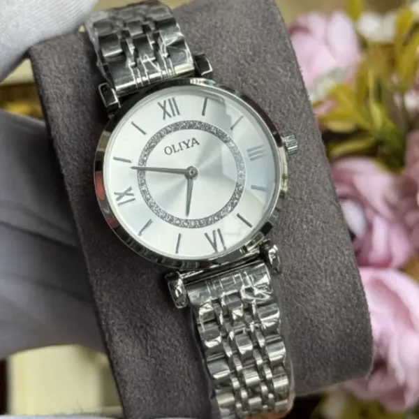 OLIYA 5505 Silver Stainless Steel Oval Glass Luxury Standard Fashion Quartz Watch For Women - White & Silver