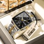 POEDAGAR 866 Luxury Square Chronograph Men’s Watch Golden Silver and Black