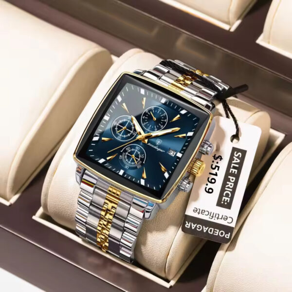 POEDAGAR 866 Luxury Square Chronograph Men’s Watch Golden Black  and Blue