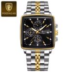 POEDAGAR 866 Luxury Square Chronograph Men’s Watch Golden Silver and Black - Image 2