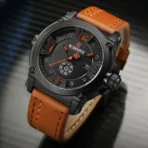 Naviforce 9099 Leather Wrist Watch For Men-Black Orange
