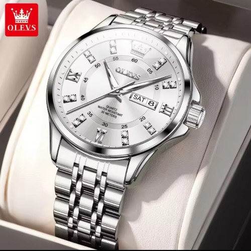 Olevs 3620 Watch For Men – Full Silver(Chain & Dial)