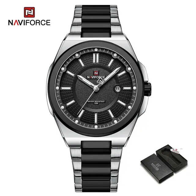 Top-Brand-NAVIFORCE-Men-Quartz-Watch-Stainless-Steel-Band-Casual-Sport-Male-WristWatch-Luminous-Hot- Naviforce 9212 Watch For Men - Silver Black - Image 1
