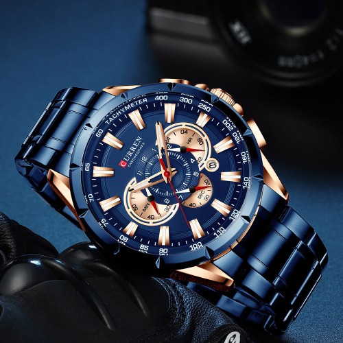CURREN 8363 Original Watch for Men - Rose Gold Blue