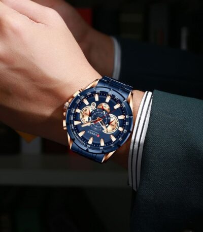 CURREN 8363 Original Watch for Men - Rose Gold Blue