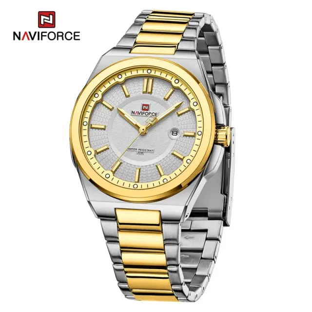 Naviforce-Watch-for-Men-Stainless-Steel-Waterproof-Military-Fashion-Male-Wristwatch-Quartz-Date-Cloc Naviforce 9212 Watch For Men- Silver Gold - Image 1