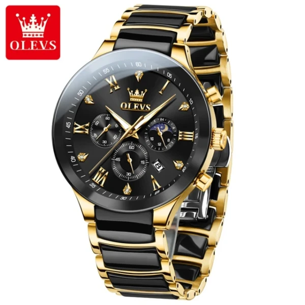 OLEVS 7004 Chronograph Original Ceramic Watch For Men – Gold Black