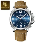 Poedagar 859 Watch For Men-Brown Leather and Blue Dial
