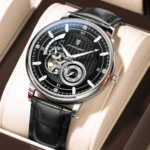 Poedagar 1416 Automatic Mechanical Watch For Men- Black Silver Dial Black Belt
