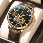 Poedagar 1416 Automatic Mechanical Watch For Men-Black Dial Choclete Belt