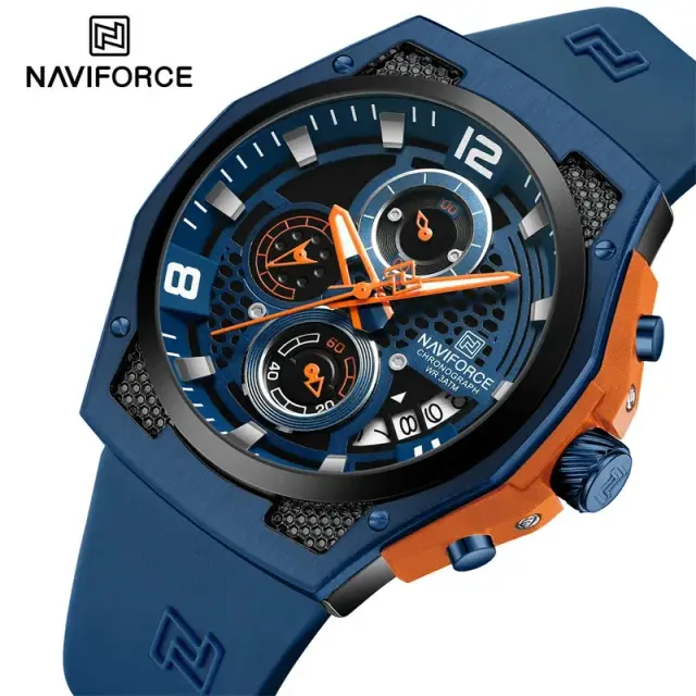 Top-Brand-NAVIFORCE-8051Men-s-Quartz-Watch-Luminous-Silicone-Strap-Waterproof-Wristwatch-Sports-Chronogr Naviforce 8051 Watch For Man - Blue - Image 1