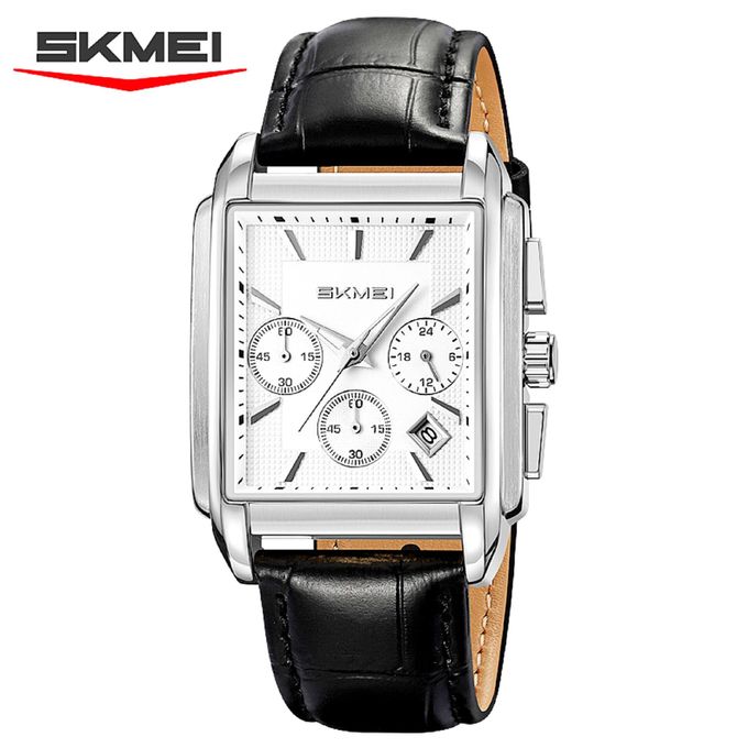 skmai 2339 watch SKMEI 2339 Chronograph Watch For Men-Silver White Black Leather - Image 1