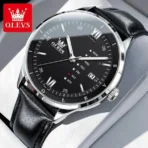 Olevs 2931 Leather Watch For Men-Black Silver