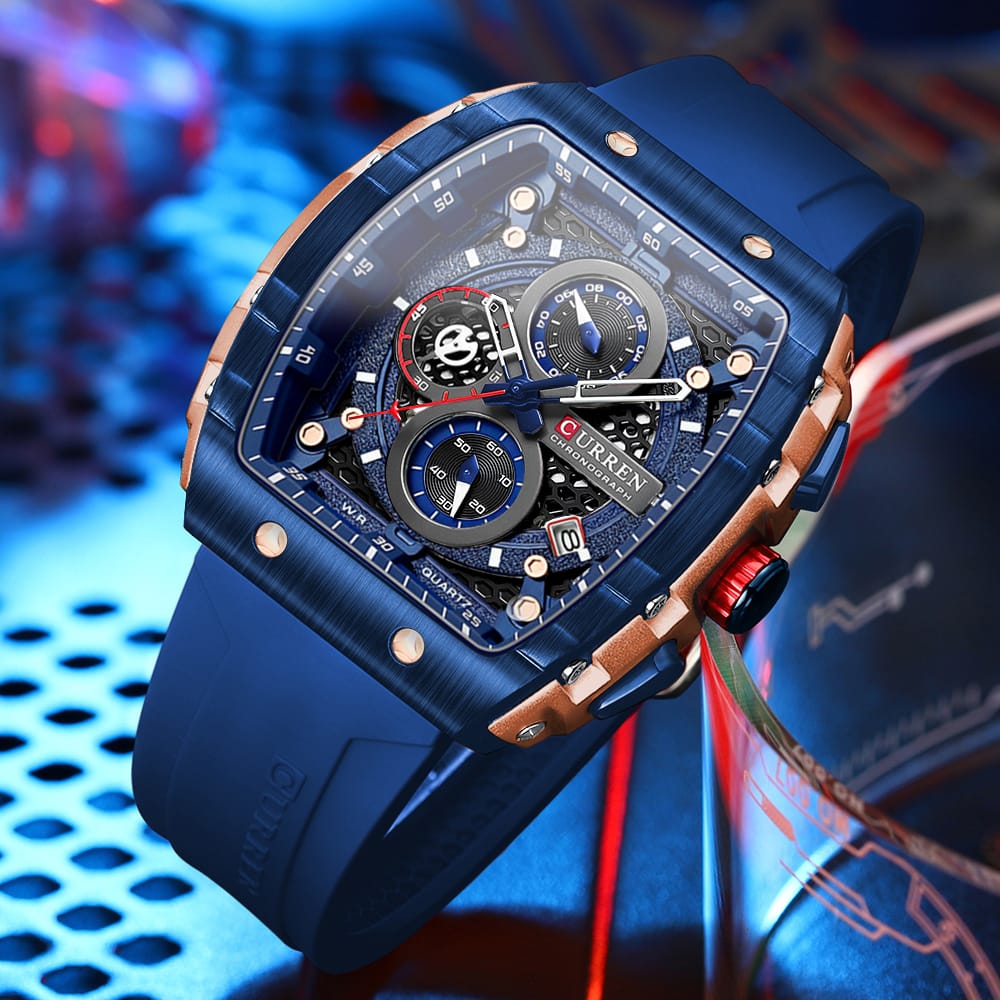 CURREN 8442 Multi-function Chronograph Men Watch Silicone Band Sports Quartz Watches-Rose Gold & Blue CURREN 8442 Multi-function Chronograph Men Watch Silicone Band Sports Quartz Watches-Rose Gold & Blue - Image 1