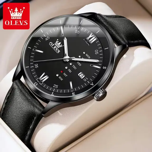 Olevs 2931 L - Black For Men Olevs 2931 Leather Watch For Men-Black - Image 1
