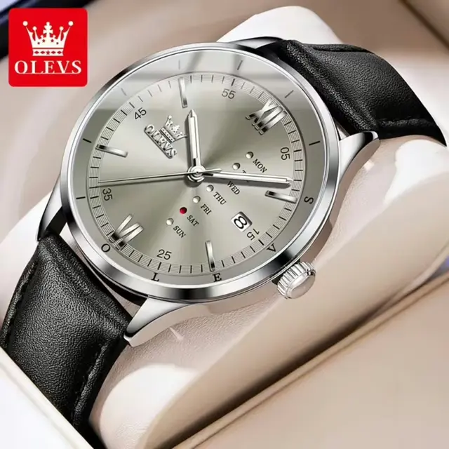 Olevs 2931 Leather Watch For Men-Black Gray Olevs 2931 Leather Watch For Men-Black Gray - Image 1
