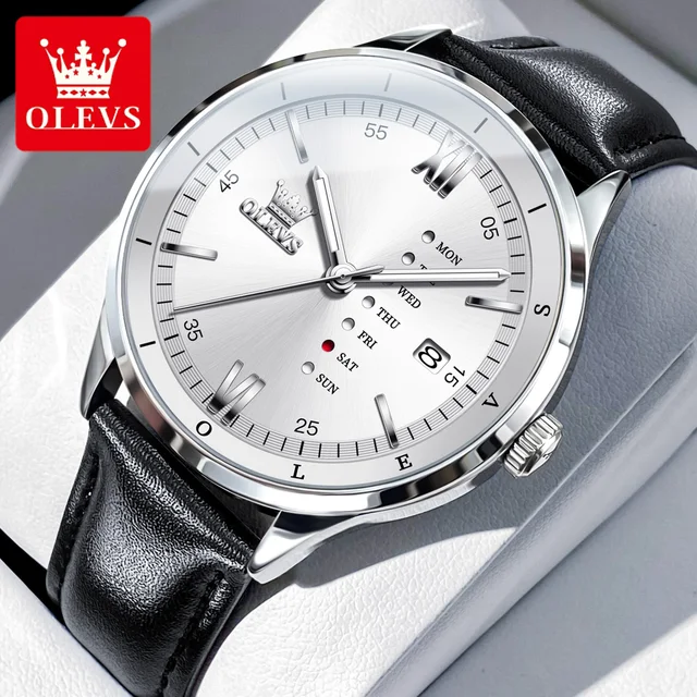 Olevs 2931 Leather Watch Olevs 2931 Leather Watch For Men-Black White - Image 1