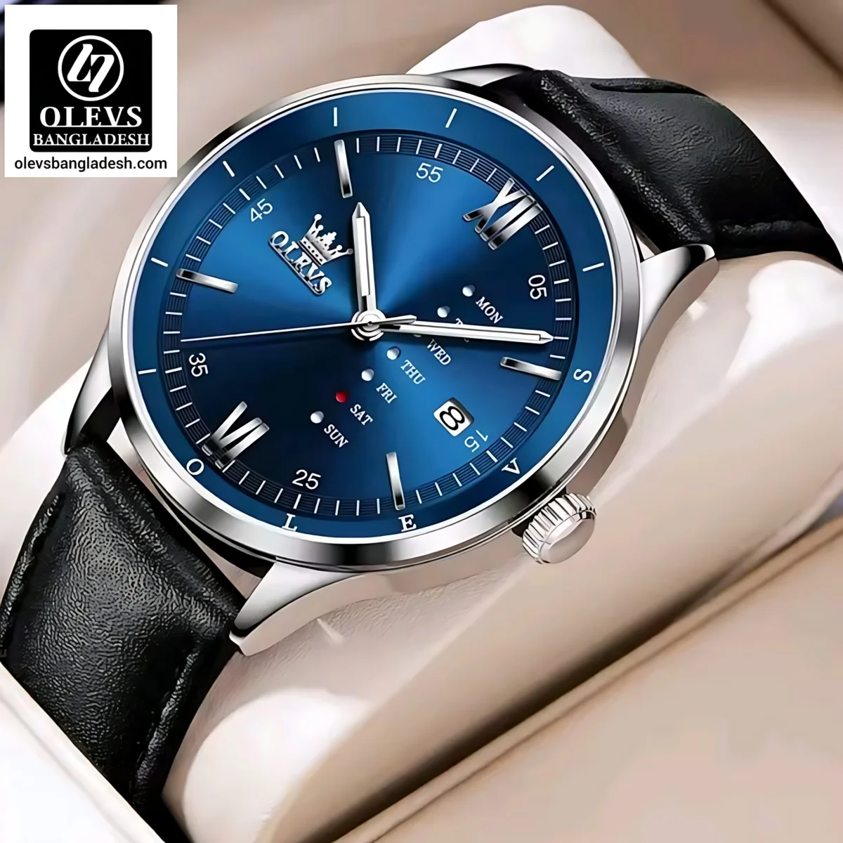 Olevs 2931L- Blue For Men 1 Olevs 2931 Leather Watch For Men-Black Blue - Image 1