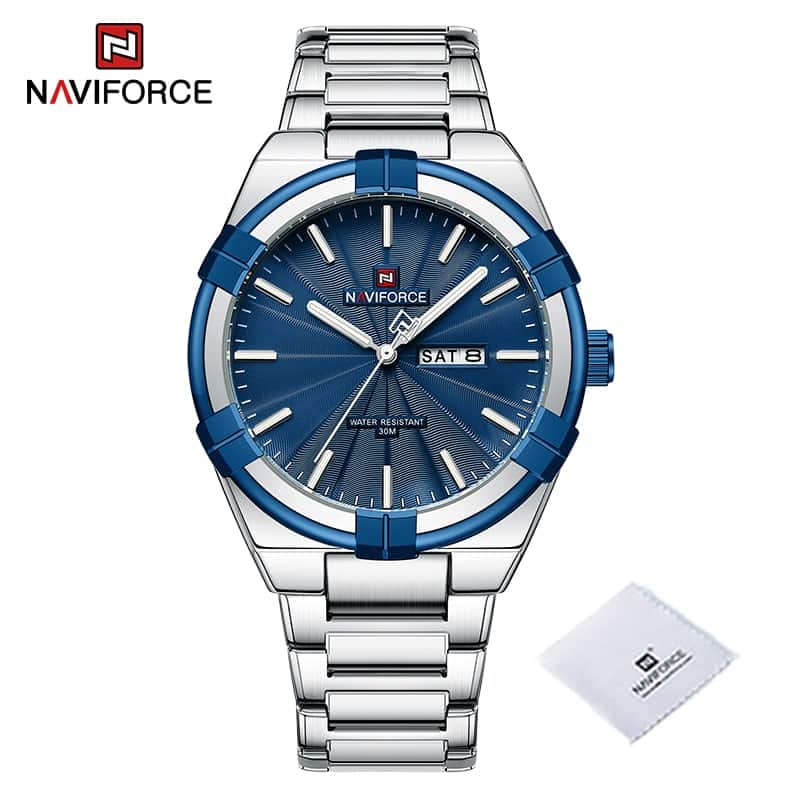 Popular-Style-NAVIFORCE-Man-Steel-Band-Waterproof-Masculino-Wristwatch-Auto-Day-and-Date-Display-Watch- Naviforce nf 9218-Silver Blue Watch Price In Bangladesh - Image 1