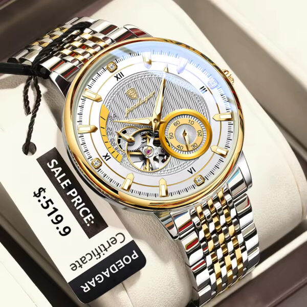 POEDAGAR 1416 Luxury Fashion Automatic Mechanical Stainless Steel Men’s Watch – Gold White