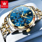 OLEVS 3639 ChronoSport Watch For Men-Golden Silver and Blue - Image 2