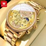 OLEVS 3645 Wooden Chronograph Stainless Steel Men’s Watch-Gold - Image 2