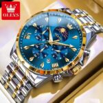 OLEVS 3653 Moon Phase Chronograph Stainless Steel Men’s Watch-Gold Blue