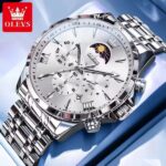 OLEVS 3653 Moon Phase Chronograph Stainless Steel Men’s Watch-Silver