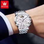 OLEVS 3653 Moon Phase Chronograph Stainless Steel Men’s Watch-Silver - Image 2