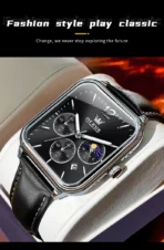 OLEVS 9914 Classic Leather Strap Men’s Watch-Silver Black - Image 2