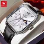 OLEVS 9914 Classic Leather Strap Men’s Watch-Silver