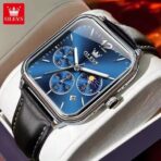 OLEVS 9914 Classic Leather Strap Men’s Watch-Silver Blue