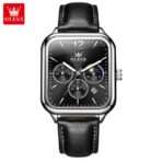 OLEVS 9914 Classic Leather Strap Men’s Watch-Silver Black