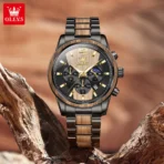 OLEVS 3645 Wooden Chronograph Stainless Steel Men’s Watch-Black - Image 2