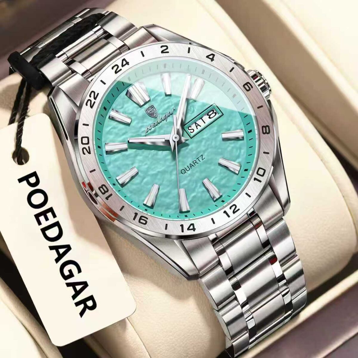 Poedagar 683 Steelness Steel Men's Watch – Silver & Mint Blue - Image 1