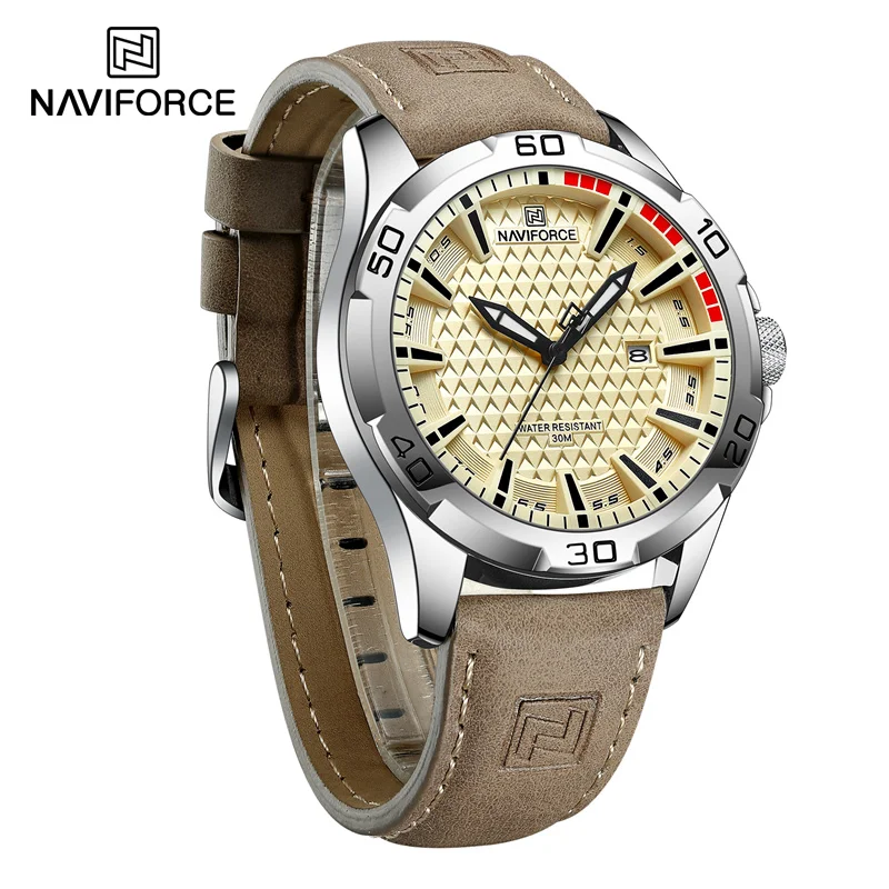 NAVIFORCE-Men-Wristwatch-Top-Brand-Luxury-Yellow-Waterproof-Man-Watch-Genuine-Leather-Sport-Quartz Naviforce 8023 Watch For Men-Yellow - Image 1