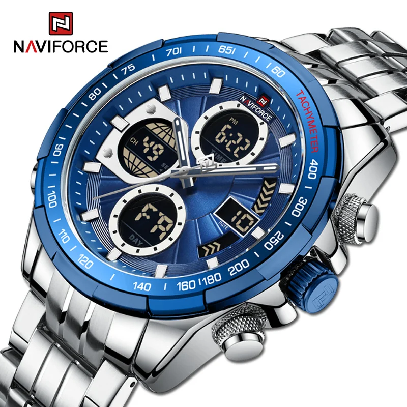 NAVIFORCE-Men-s-Business-Watches-Waterproof-Luminous-Multifunction-Digital-Clock-Stainless-Steel-Wri 11 Naviforce 9197 Watch For Watch - Blue - Image 1