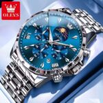OLEVS 3653 Moon Phase Chronograph Stainless Steel Men’s Watch-Silver Blue