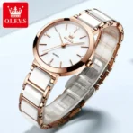 OLEVS 5877 Ceramic Classic fashion Quartz movement women watch- Rose Gold & White