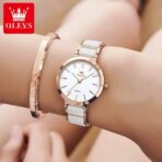 OLEVS 5877 Ceramic Classic fashion Quartz movement women watch- Rose Gold & White - Image 3