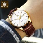 Orginal Olevs 6898  leather Strap Watch for Men-Brown & Silver - Image 2