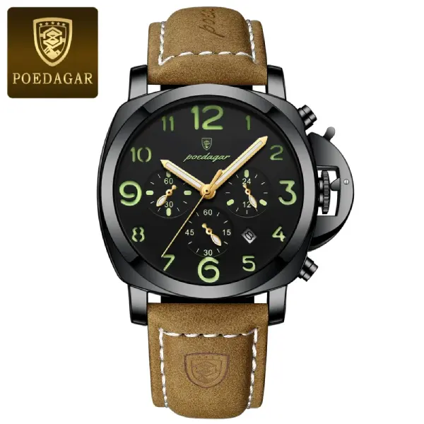 Poedagar 859 Watch For Men-Brown Leather and Full Black Dial