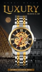 SKMEI 9222 Automatic Mechanical Watch for Men-Golden Silver and Black - Image 2
