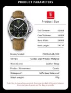 Poedagar 859 Watch For Men-Brown Leather and Full Black Dial - Image 3