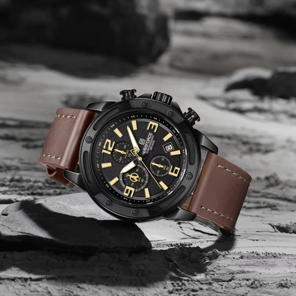 Naviforce 8074 Leather Watch For Men -Black Brown - Image 2