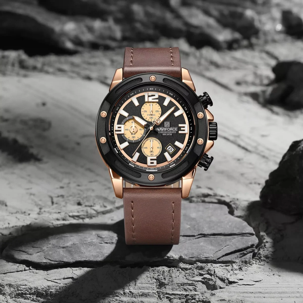 Naviforce 8074 Leather Watch For Men - Rose Brown - Image 1