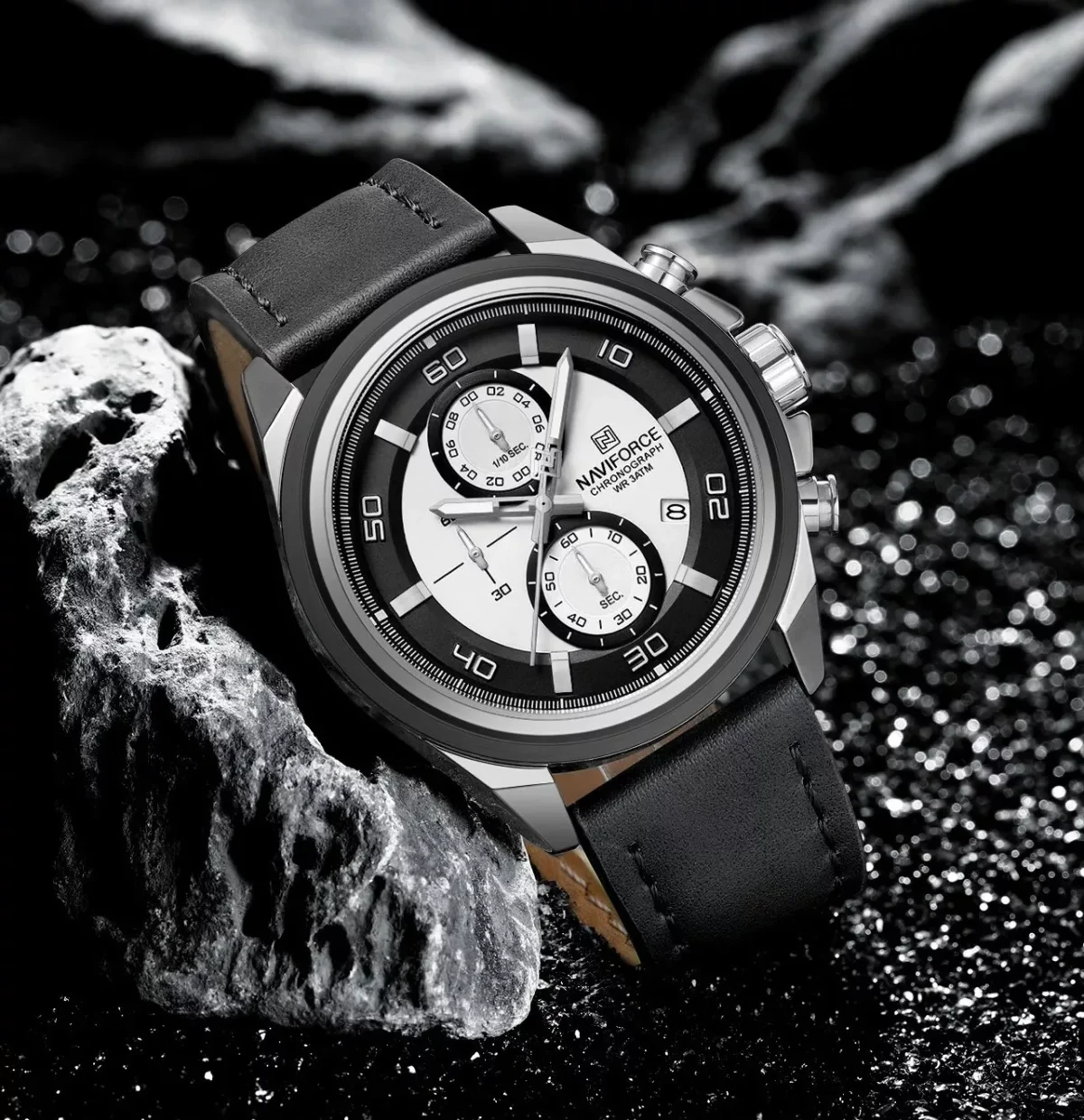 Naviforce 8075 Leather Belt Watch For Men -Black White - Image 2