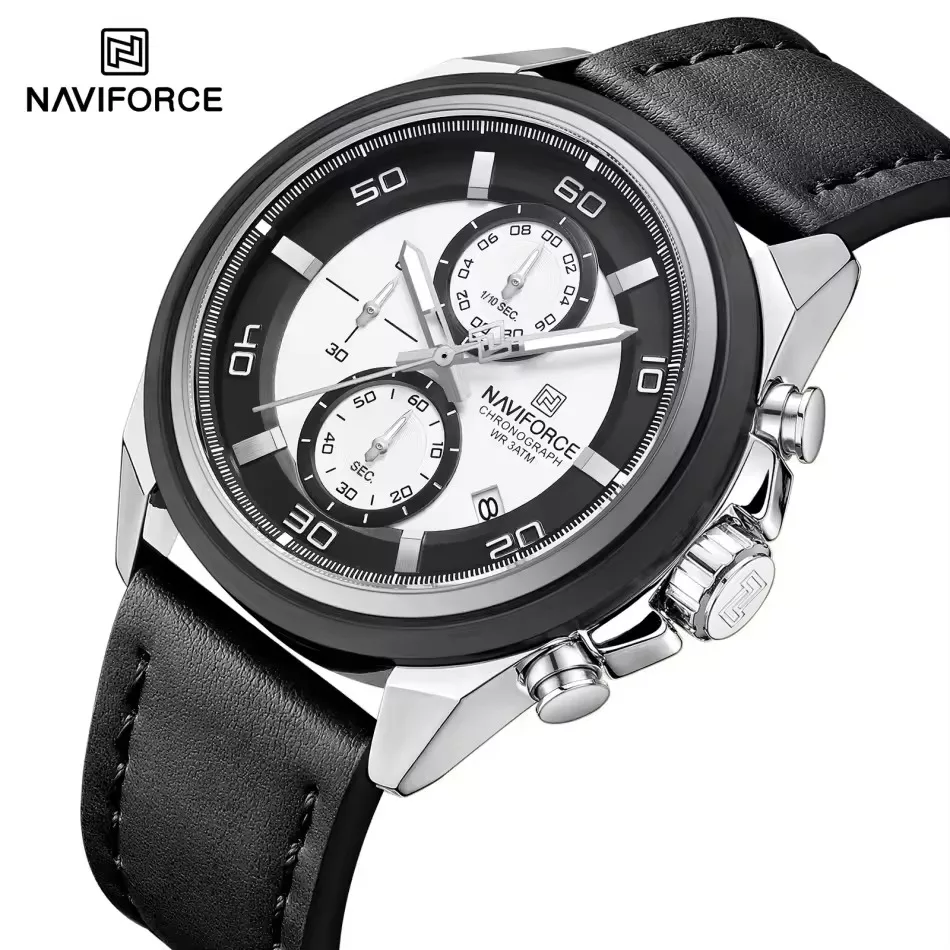 Naviforce 8075 Leather Belt Watch For Men -Black White Naviforce 8075 Leather Belt Watch For Men -Black White - Image 1